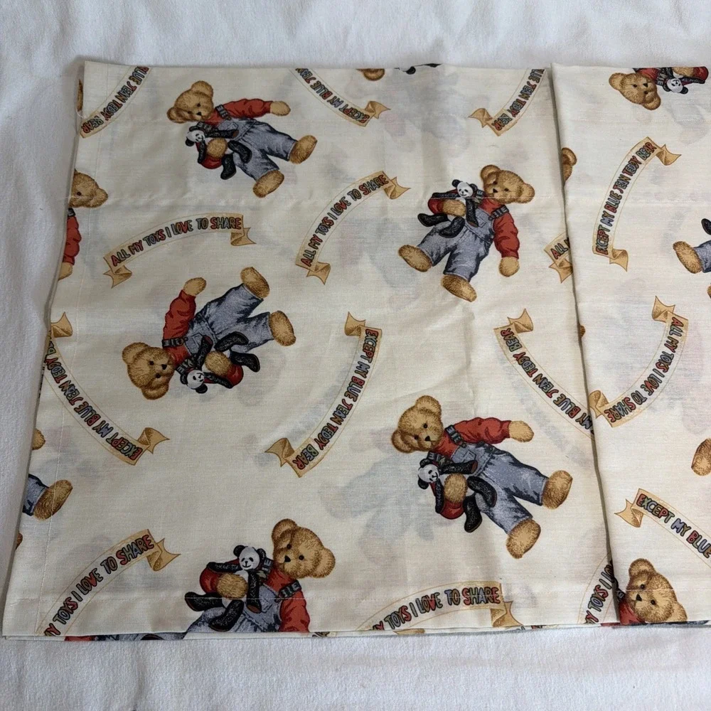 VTG Blue Jean Teddy Bear Valance Curtains set 45